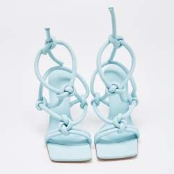 Pre Owned Bottega Veneta Blue Knotted Leather Ankle Strap Sandals Size 36