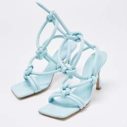Pre Owned Bottega Veneta Blue Knotted Leather Ankle Strap Sandals Size 36