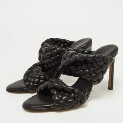 Pre Owned Bottega Veneta Black Braided Leather Slide Sandals Size 38
