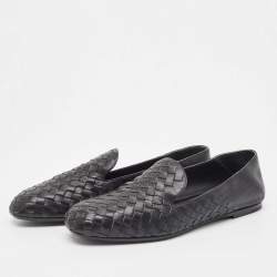 Pre Owned Bottega Veneta Black Leather Intrecciato Loafers Size 38