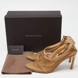 Pre Owned Bottega Veneta Beige Mesh and Leather Chunky Chain Ankle Strap Pumps Size 41