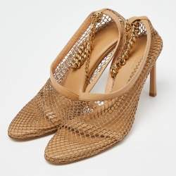 Pre Owned Bottega Veneta Beige Mesh and Leather Chunky Chain Ankle Strap Pumps Size 41