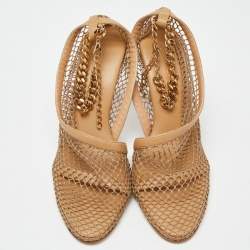 Pre Owned Bottega Veneta Beige Mesh and Leather Chunky Chain Ankle Strap Pumps Size 41