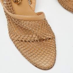Pre Owned Bottega Veneta Beige Mesh and Leather Chunky Chain Ankle Strap Pumps Size 41