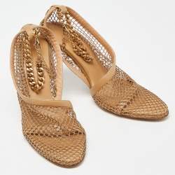 Pre Owned Bottega Veneta Beige Mesh and Leather Chunky Chain Ankle Strap Pumps Size 41