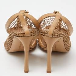 Pre Owned Bottega Veneta Beige Mesh and Leather Chunky Chain Ankle Strap Pumps Size 41