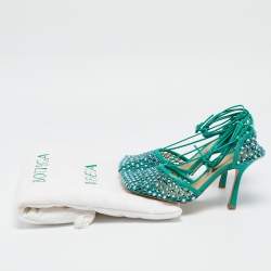 Bottega Veneta Green Crystal Embellished Mesh Sparkle Stretch Ankle Tie Pumps Size 38