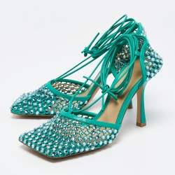 Bottega Veneta Green Crystal Embellished Mesh Sparkle Stretch Ankle Tie Pumps Size 38