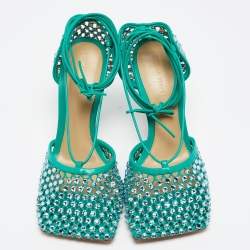 Bottega Veneta Green Crystal Embellished Mesh Sparkle Stretch Ankle Tie Pumps Size 38