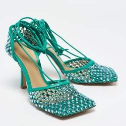 Bottega Veneta Green Crystal Embellished Mesh Sparkle Stretch Ankle Tie Pumps Size 38