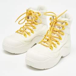 Pre Owned Bottega Veneta Cream Leather and Nylon High Top Sneakers Size 36