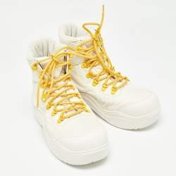 Pre Owned Bottega Veneta Cream Leather and Nylon High Top Sneakers Size 36