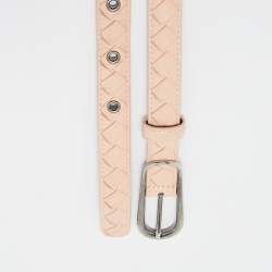 Pre Owned Bottega Veneta Peach Intrecciato Leather Slim Buckle Belt 85 CM