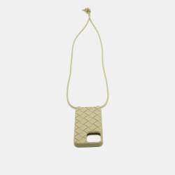 Bottega Veneta Light Green Intrecciato Silicone Rubber iPhone 14 Case On Strap