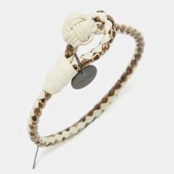Pre Owned Bottega Veneta Intercciato Leather Snakeskin Leather Gunmetal Tone Bracelet M