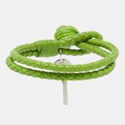 Pre Owned Bottega Veneta Green Intrecciato Leather Double Knot Bracelet M