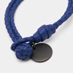 Pre Owned Bottega Veneta Blue Intrecciato Leather Gunmetal Tone Bracelet
