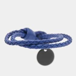 Pre Owned Bottega Veneta Blue Intrecciato Leather Gunmetal Tone Bracelet