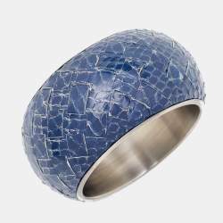 Bottega Veneta Blue Snakeskin Leather Sterling Silver Bangle Bracelet