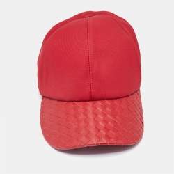 Pre Owned Bottega Veneta Red Cotton & Leather Intrecciato Weave Baseball Cap M (581)