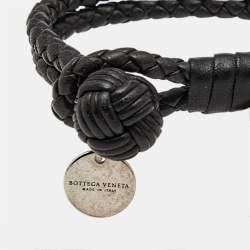 Bottega Veneta Black Intrecciato Leather Silver Tone Knot Bracelet