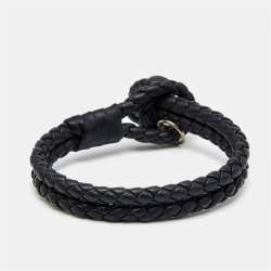 Bottega Veneta Black Intrecciato Leather Silver Tone Knot Bracelet