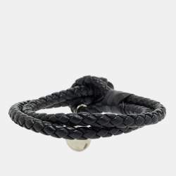 Pre Owned Bottega Veneta Black Intrecciato Leather Silver Tone Knot Bracelet