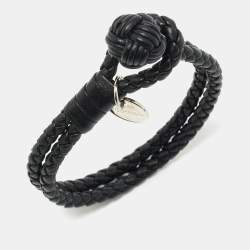 Pre Owned Bottega Veneta Black Intrecciato Leather Silver Tone Knot Bracelet