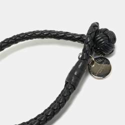 Pre Owned Bottega Veneta Black Intrecciato Leather Silver Tone Knot Bracelet