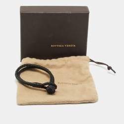 Pre Owned Bottega Veneta Black Intrecciato Leather Silver Tone Knot Bracelet