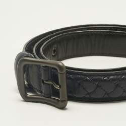 Pre Owned Bottega Veneta Navy Blue Intrecciato Leather Buckle Belt 75CM