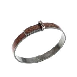 Pre Owned Bottega Veneta Intrecciato Brown Glitter Oxidized Silver Narrow Bracelet M