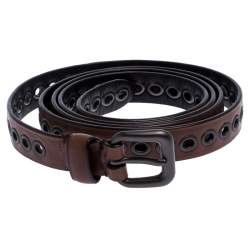 Pre Owned Bottega Veneta Brown Eyelet Leather Double Wrap Buckle Belt 140CM