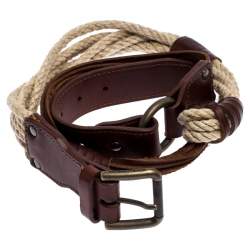 Pre Owned Bottega Veneta Brown/Beige Leather and Rope Knot Buckle Belt 85CM