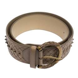 Pre Owned Bottega Veneta Beige Intrecciato Leather Round Buckle Belt 85CM