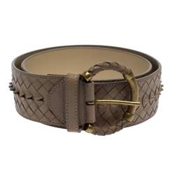 Pre Owned Bottega Veneta Beige Intrecciato Leather Round Buckle Belt 85CM