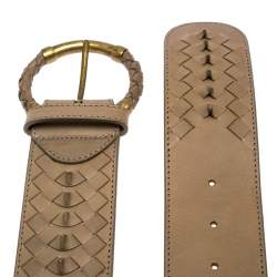 Pre Owned Bottega Veneta Beige Intrecciato Leather Round Buckle Belt 85CM