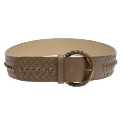 Pre Owned Bottega Veneta Beige Intrecciato Leather Round Buckle Belt 85CM