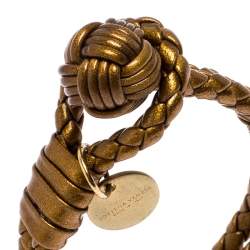 Pre Owned Bottega Veneta Bronze Gold Laminated Effect Leather Double Strand Intrecciato Bracelet