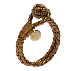 Pre Owned Bottega Veneta Bronze Gold Laminated Effect Leather Double Strand Intrecciato Bracelet