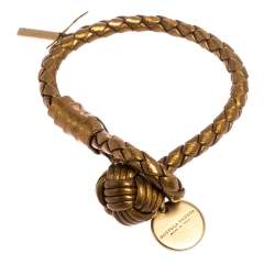 Pre Owned Bottega Veneta Gold Laminated Effect Leather Intrecciato Bracelet S