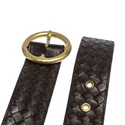 Pre Owned Bottega Veneta Dark Brown Intrecciato Leather Round Buckle Belt 80CM