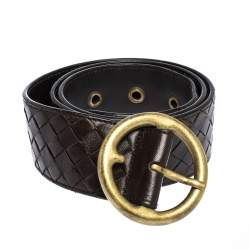 Pre Owned Bottega Veneta Dark Brown Intrecciato Leather Round Buckle Belt 80CM