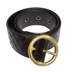 Pre Owned Bottega Veneta Dark Brown Intrecciato Leather Round Buckle Belt 80CM