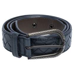 Bottega Veneta Blue Intrecciato Leather Buckle Belt 85CM