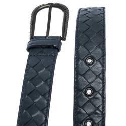 Bottega Veneta Blue Intrecciato Leather Buckle Belt 85CM