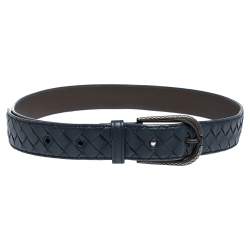 Bottega Veneta Blue Intrecciato Leather Buckle Belt 85CM
