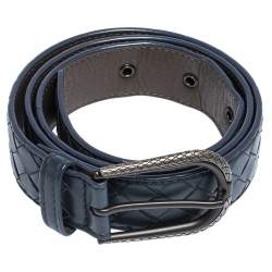 Bottega Veneta Blue Intrecciato Leather Buckle Belt 85CM