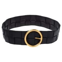 Pre Owned Bottega Veneta Black Orthogonal Maxi Weave Leather Circular Buckle Belt Size 75 CM