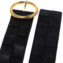 Pre Owned Bottega Veneta Black Orthogonal Maxi Weave Leather Circular Buckle Belt Size 75 CM